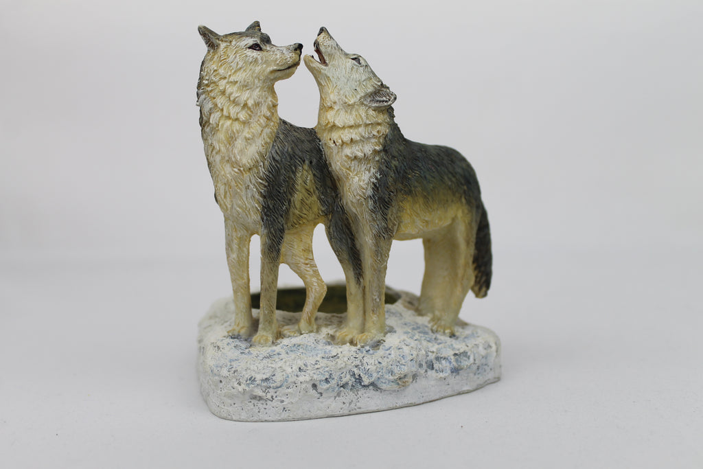 Wolf couple candle holder with candle | Hand-painted resin
