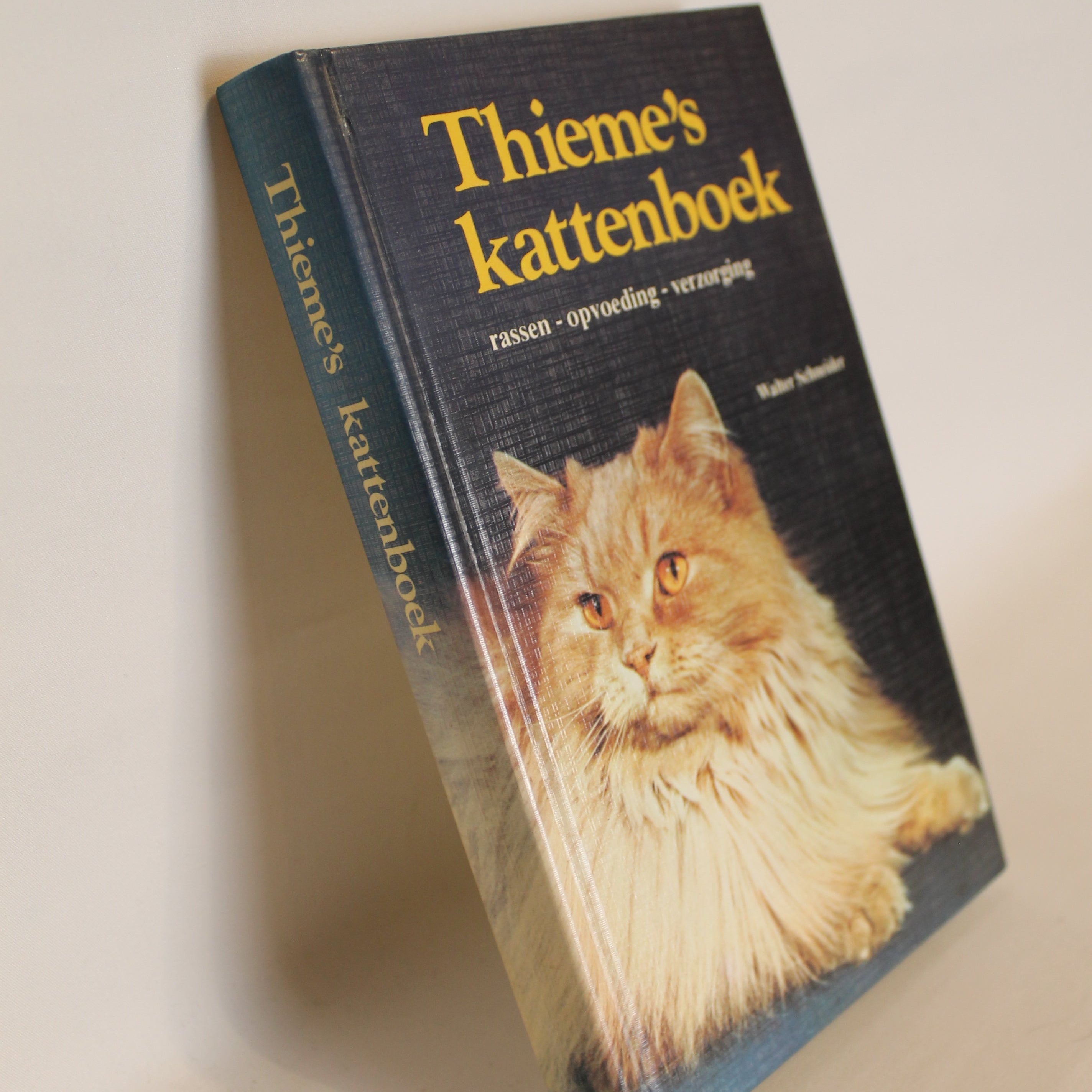 Book titled 'Thieme's Kattenbook' with a cat illustration on the cover, placed on a beige surface.