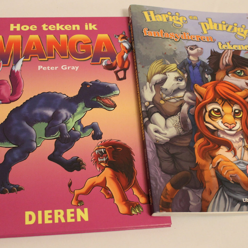 Two children's books on a white surface, one titled 'Hoe teken ik Manga' and the other featuring cartoon characters.