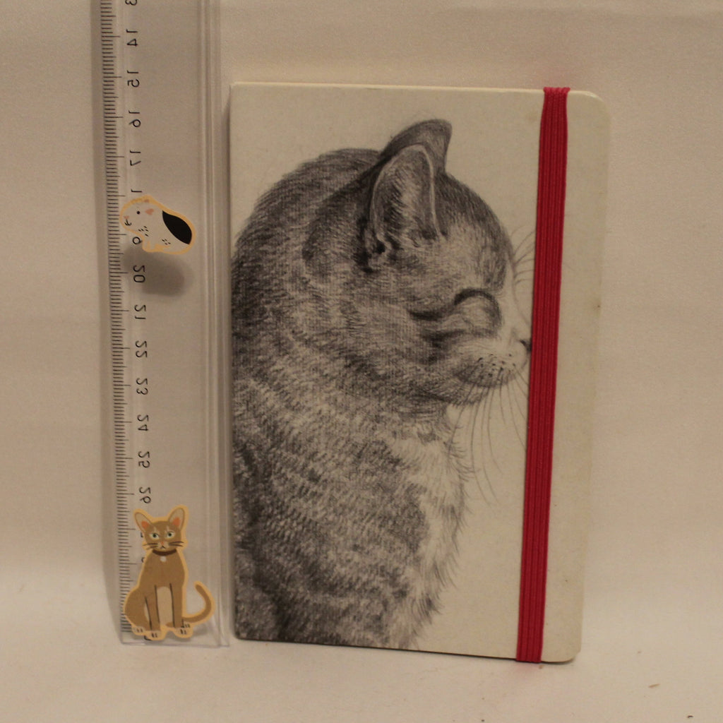 Notebook with a cat illustration and a ruler for scale on a beige background