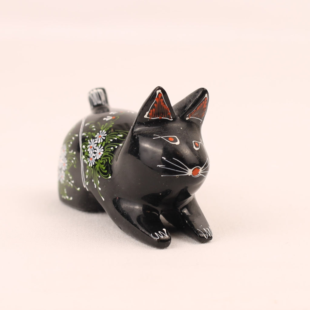 Statuette de chat en bois peinte à la main | Noir avec des fleurs