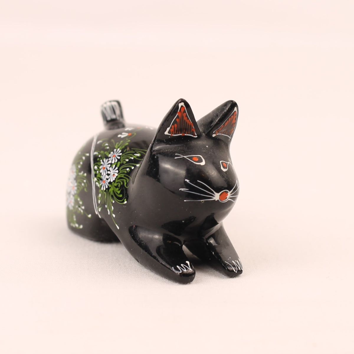 Figura de gato de madera pintada a mano | Negro con flores