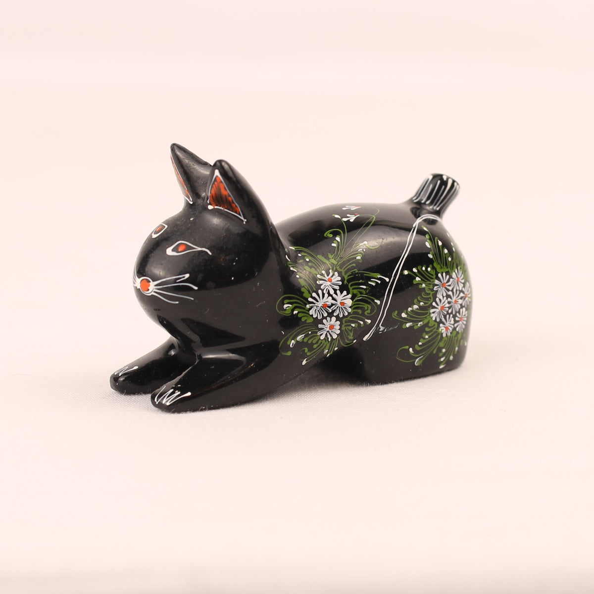 Figura de gato de madera pintada a mano | Negro con flores
