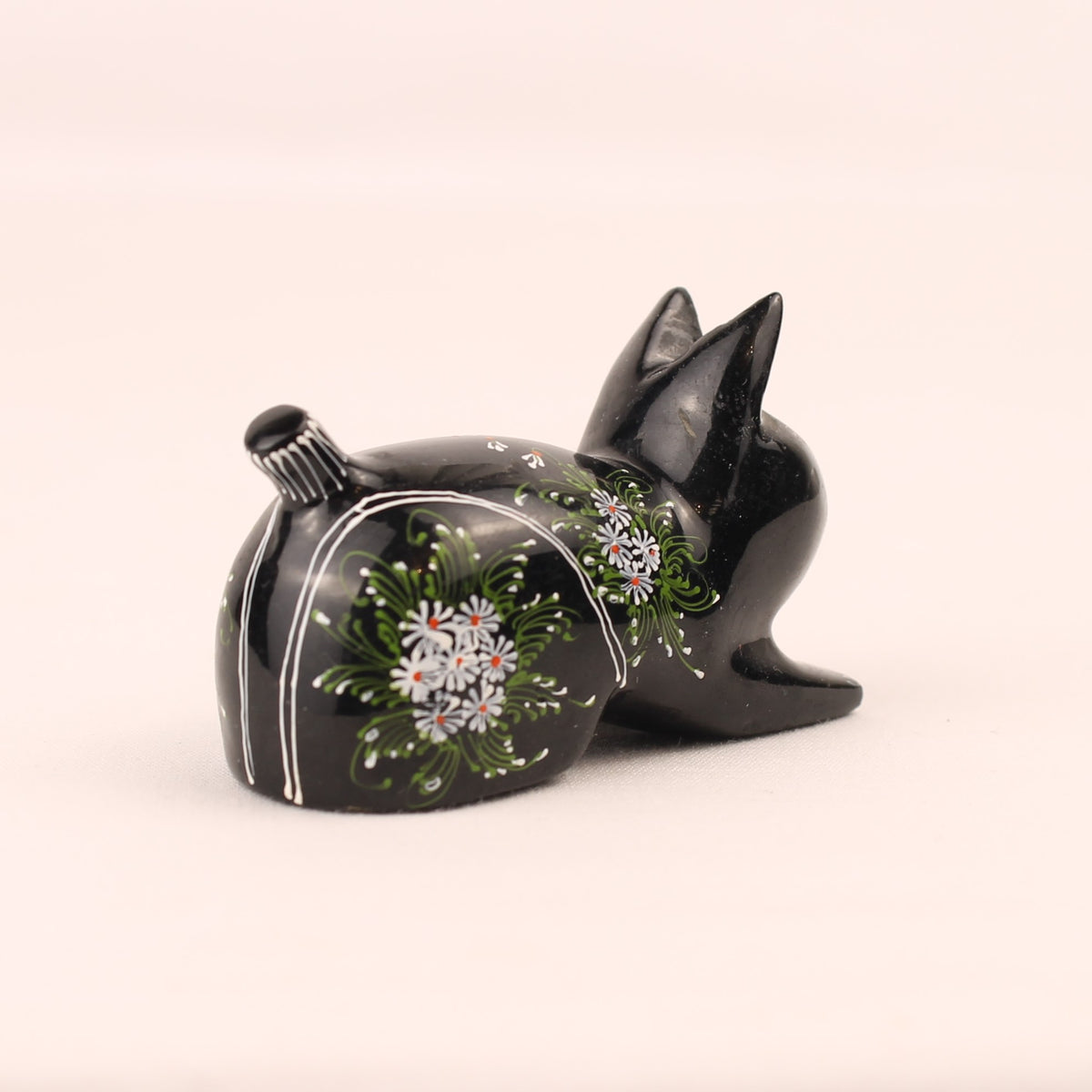 Figura de gato de madera pintada a mano | Negro con flores