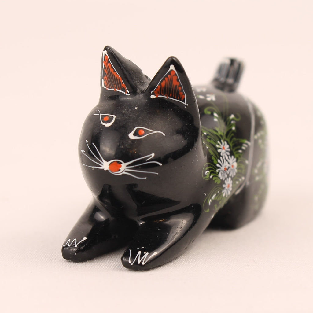 Statuette de chat en bois peinte à la main | Noir avec des fleurs