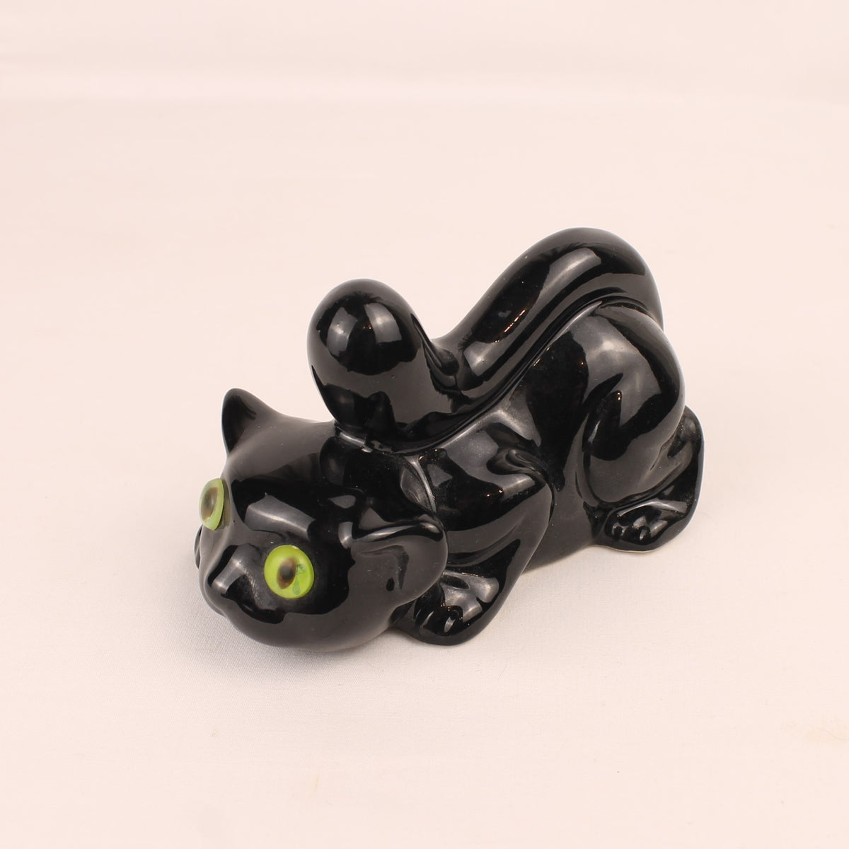 Schwarze Keramik-Katzenfigur mit grünen Augen | 12 cm