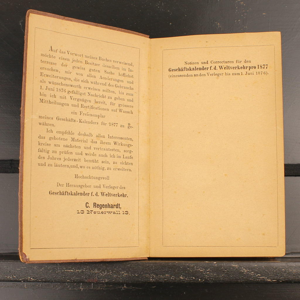 Calendario commerciale per il traffico mondiale di C. Regenhardt | Primo anno 1876