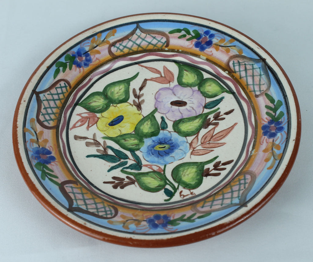 Handbeschilderd Spaans Aardewerk Bordje (16 cm) – Polychroom Bloemmotief & Terracotta Rand