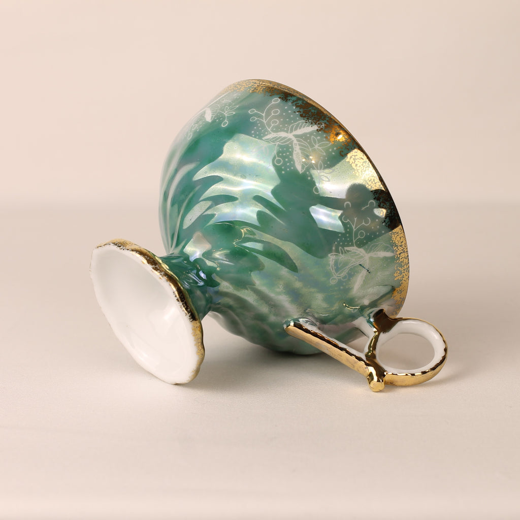 Voetkopje met lustre glazuur - groen gemarmerd porselein met rozen en goudrand