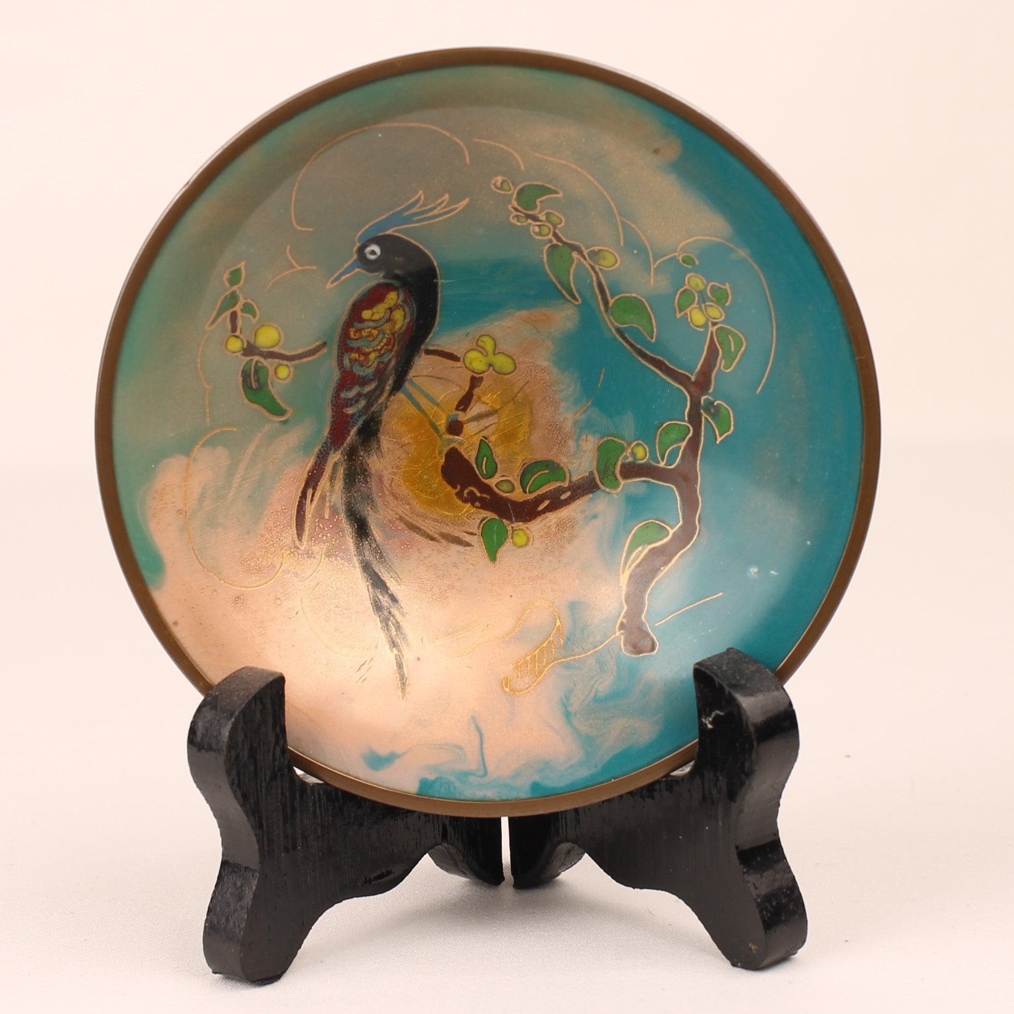 Chinees Emaille Schaaltje op Koper met Vogelmotief - Handgedecoreerd