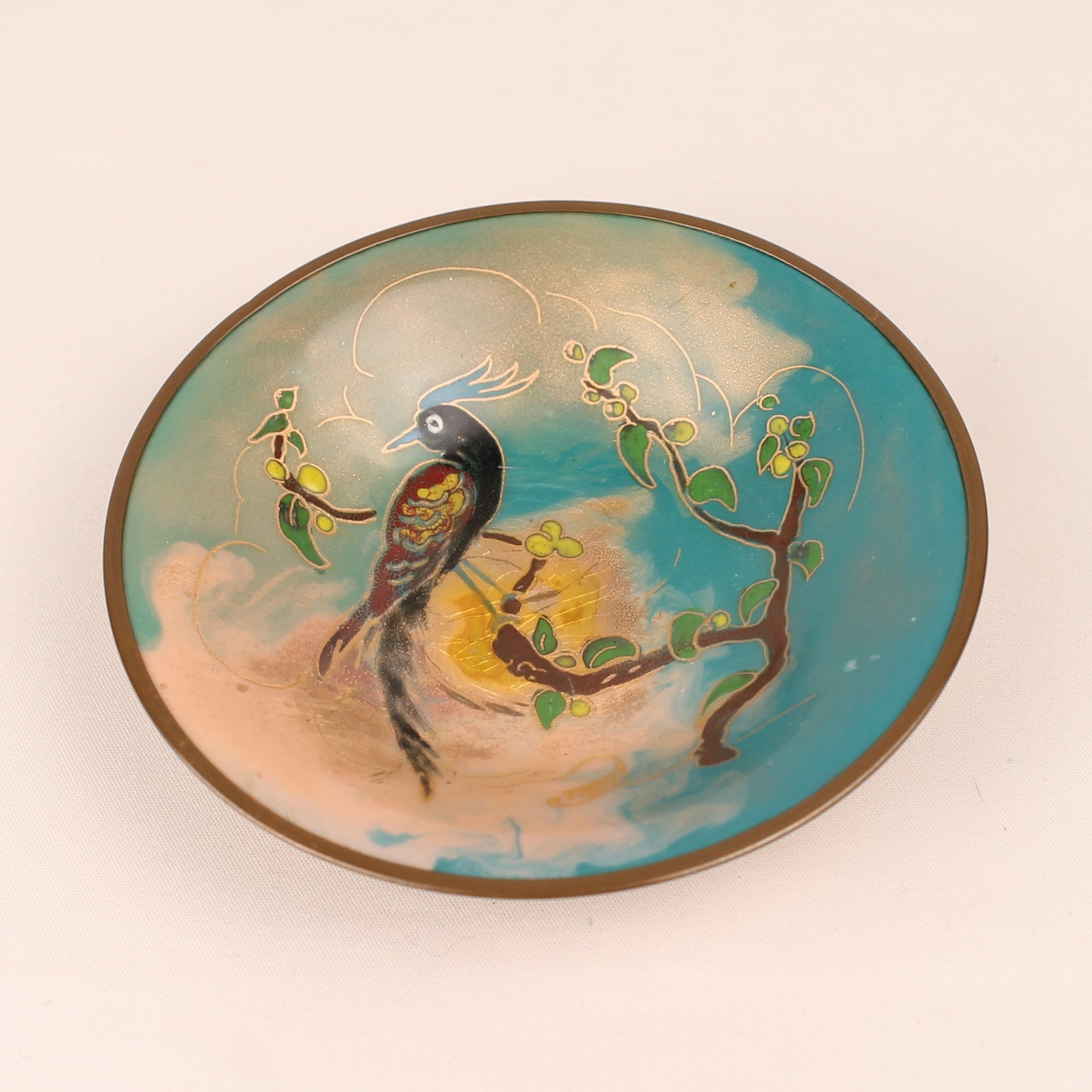 Chinees Emaille Schaaltje op Koper met Vogelmotief - Handgedecoreerd