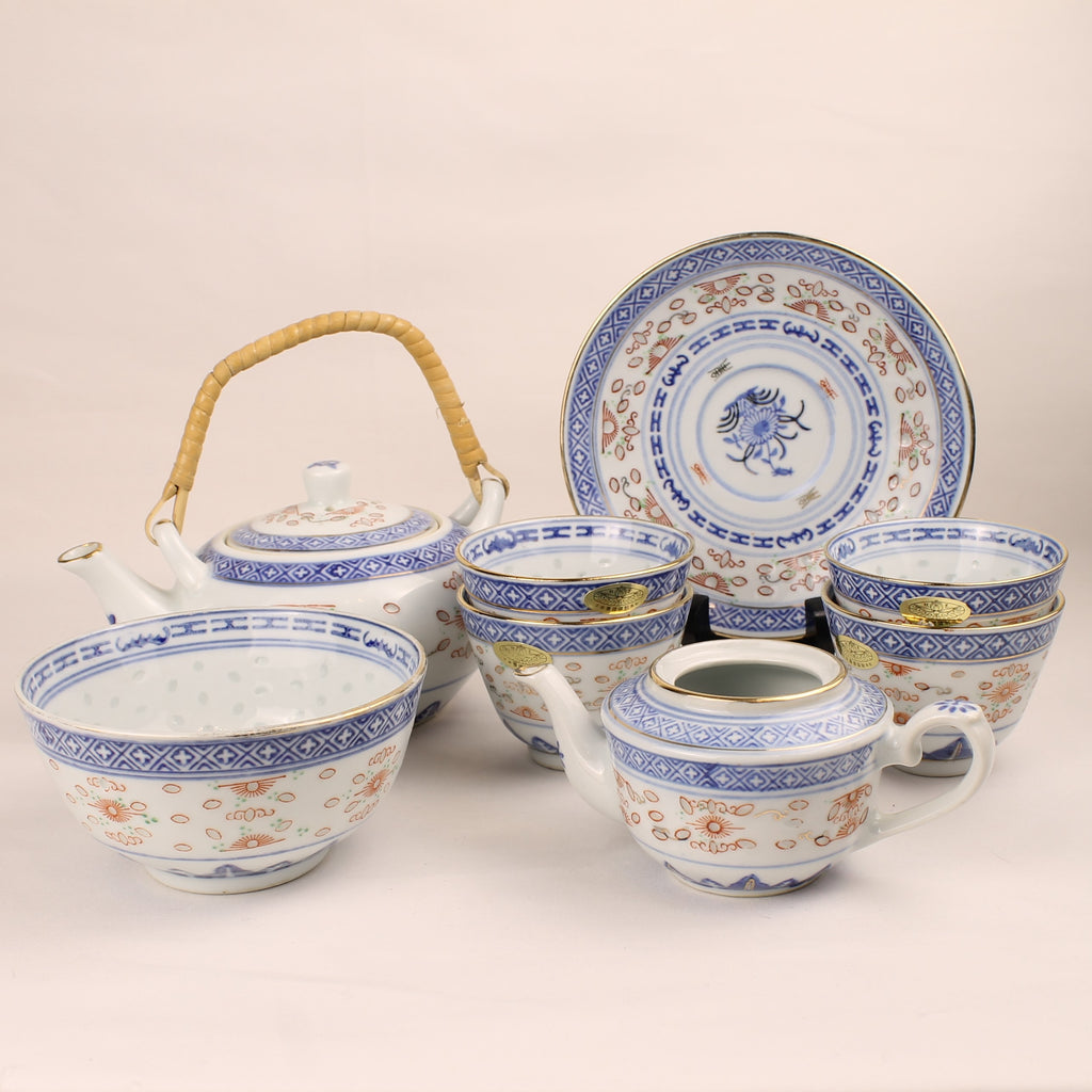 Chinees Porseleinen Theeservies – Rice Grain (Rijstkorrel) & Goudrand – Jingdezhen-stijl