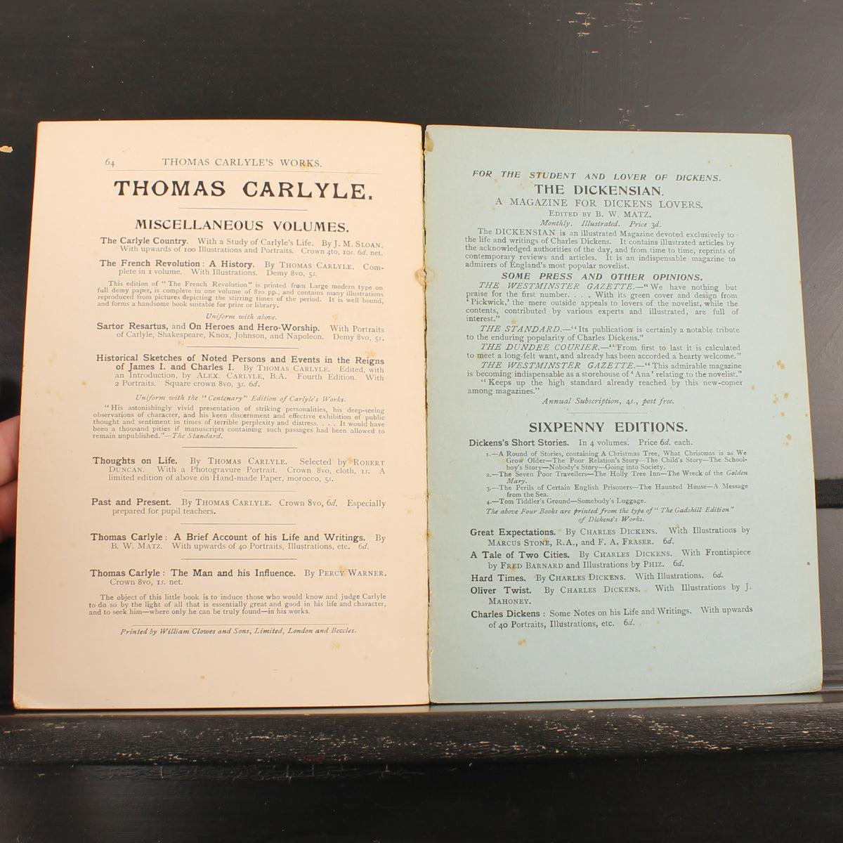Two Great Victorian Writers: Dickens the Novelist, Carlyle the Philosopher - B. W. Matz - 1900
