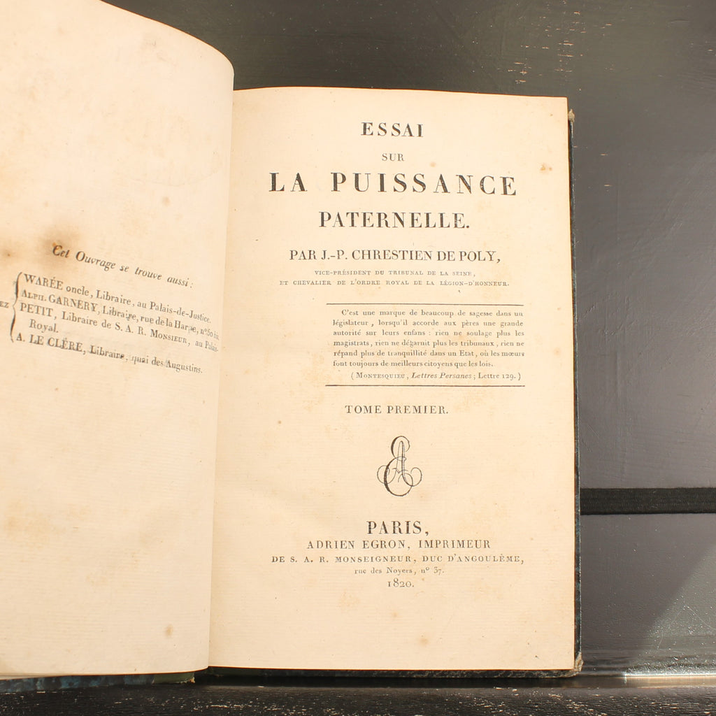 Ensaio sobre o Poder Paternal | Chrestien de Poly | Conjunto Completo de 2 Partes 1820