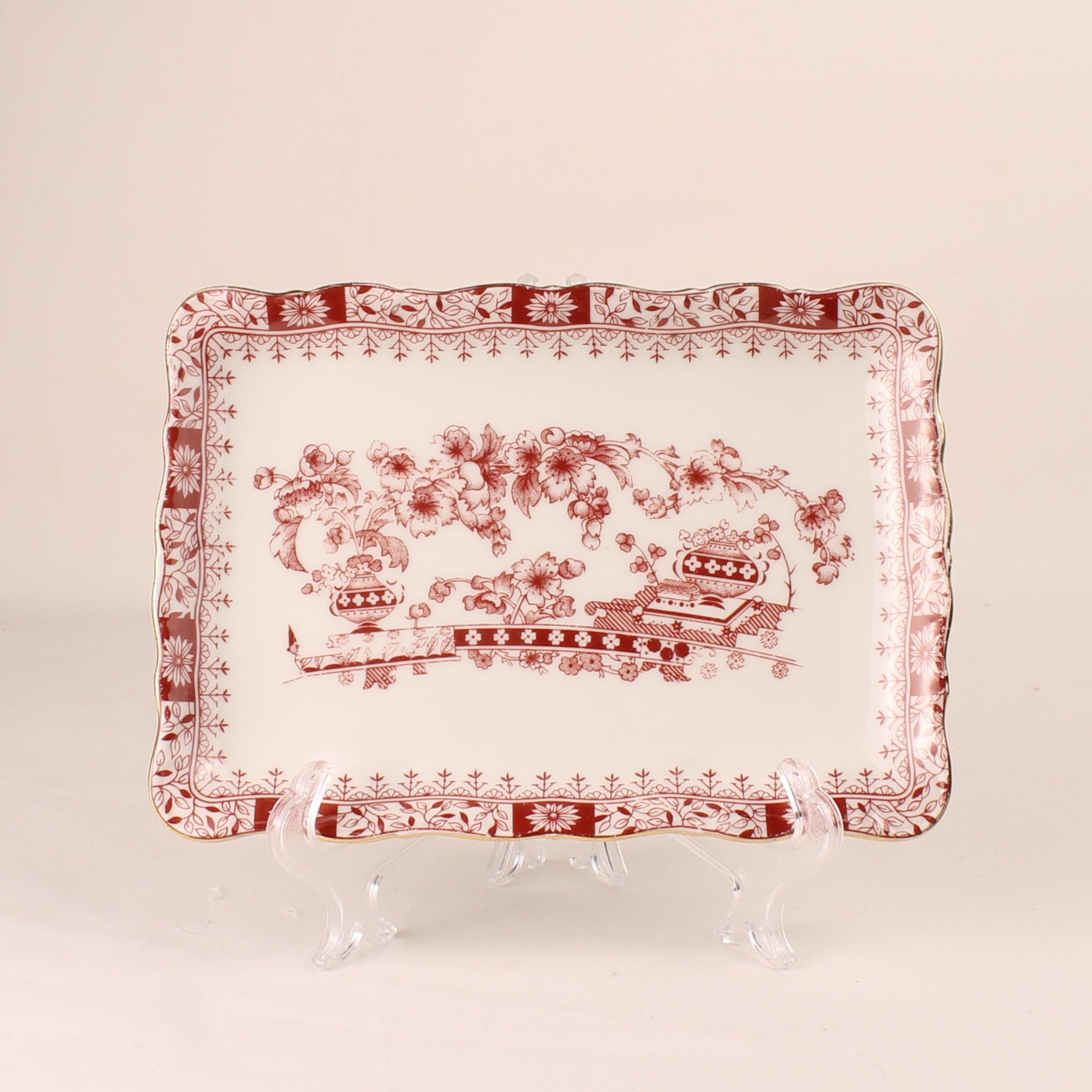 Seltmann Weiden Bavaria | West Duitsland | Porseleinen Serveerschaaltje/Plateau | Rood Transferdecor & Goudrand (18 cm)