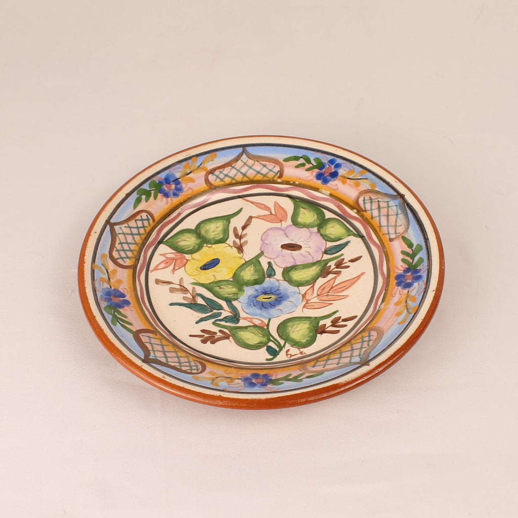 Handbeschilderd Spaans Aardewerk Bordje (16 cm) – Polychroom Bloemmotief & Terracotta Rand