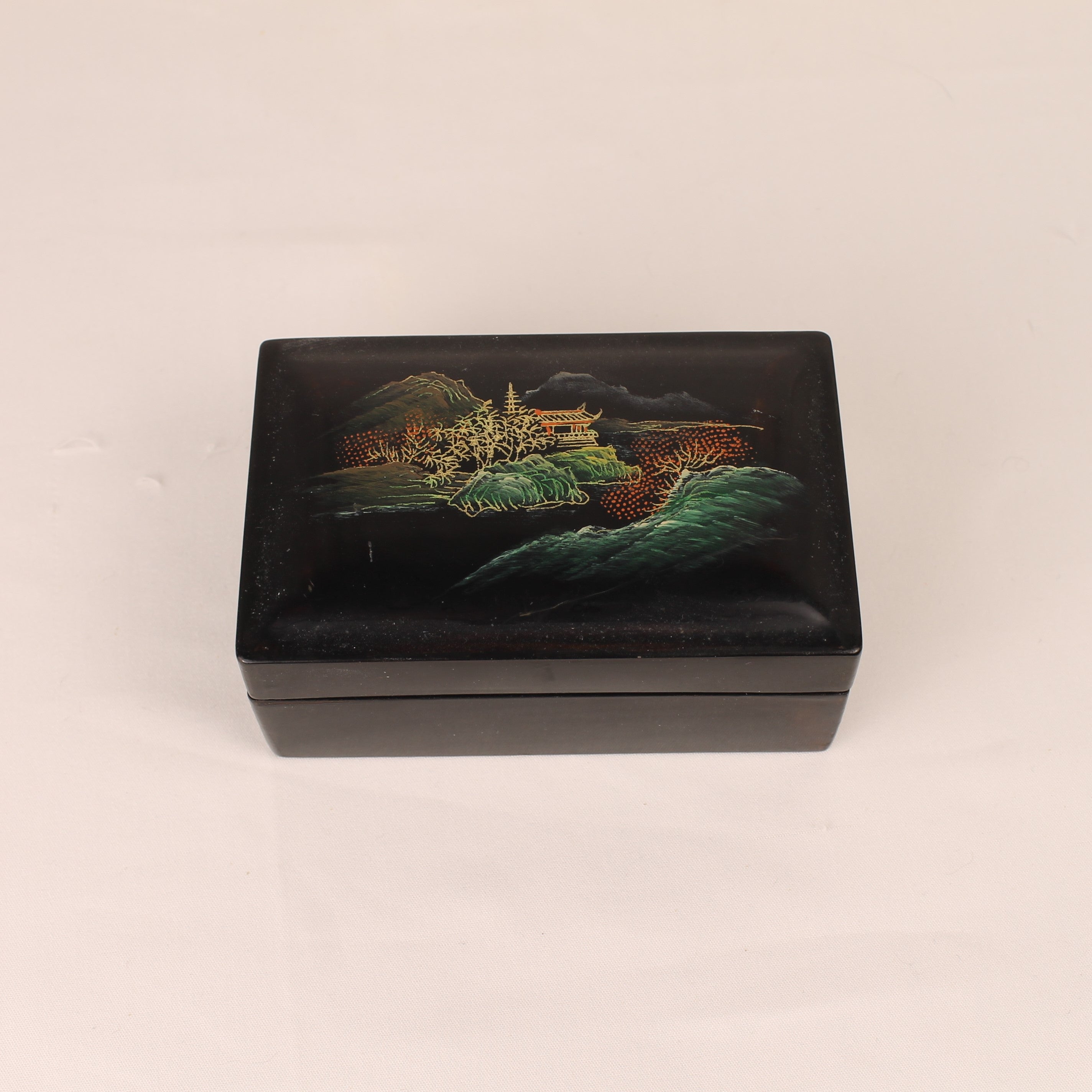 Vintage Oriental Lacquer Box with Pagoda Landscape