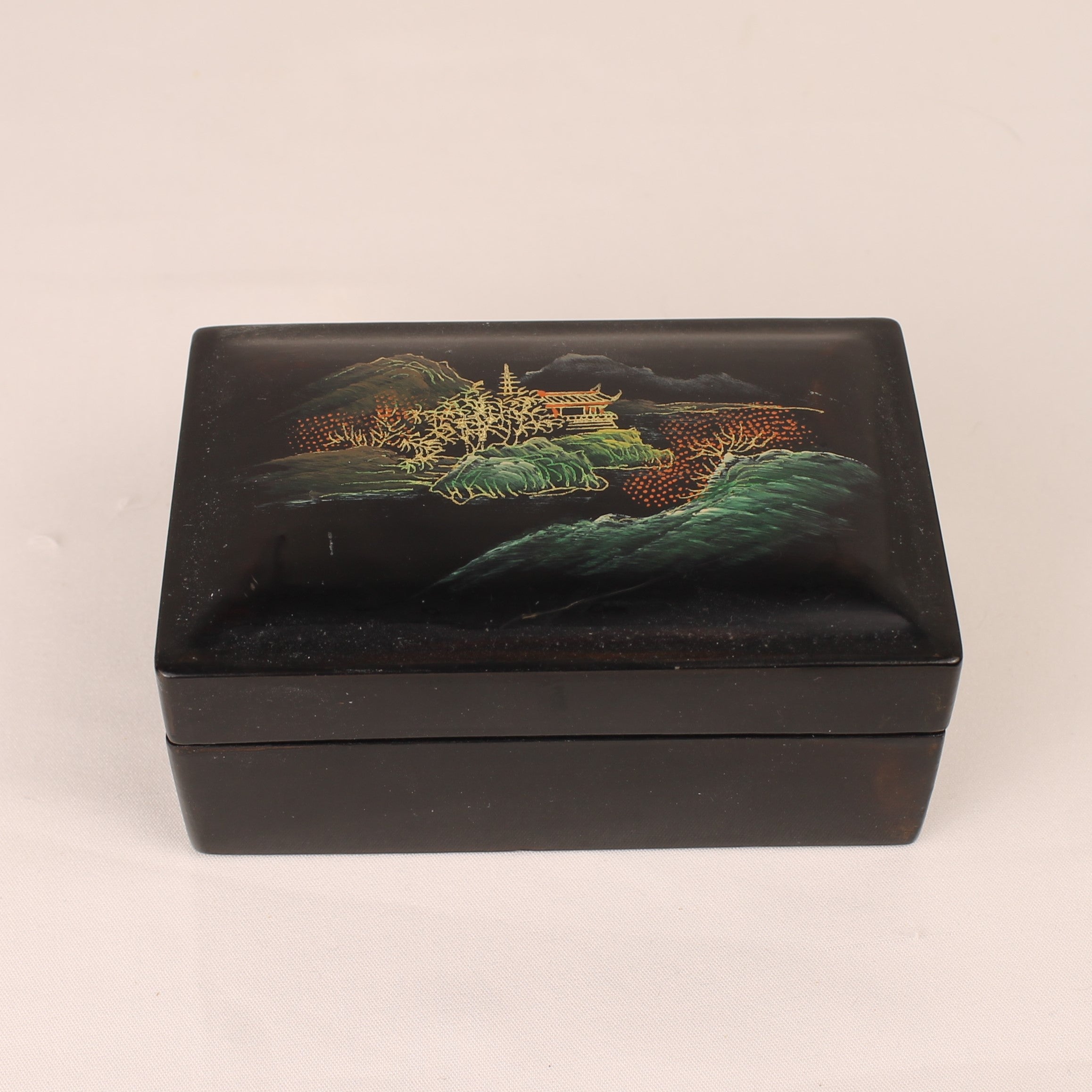Vintage Oriental Lacquer Box with Pagoda Landscape
