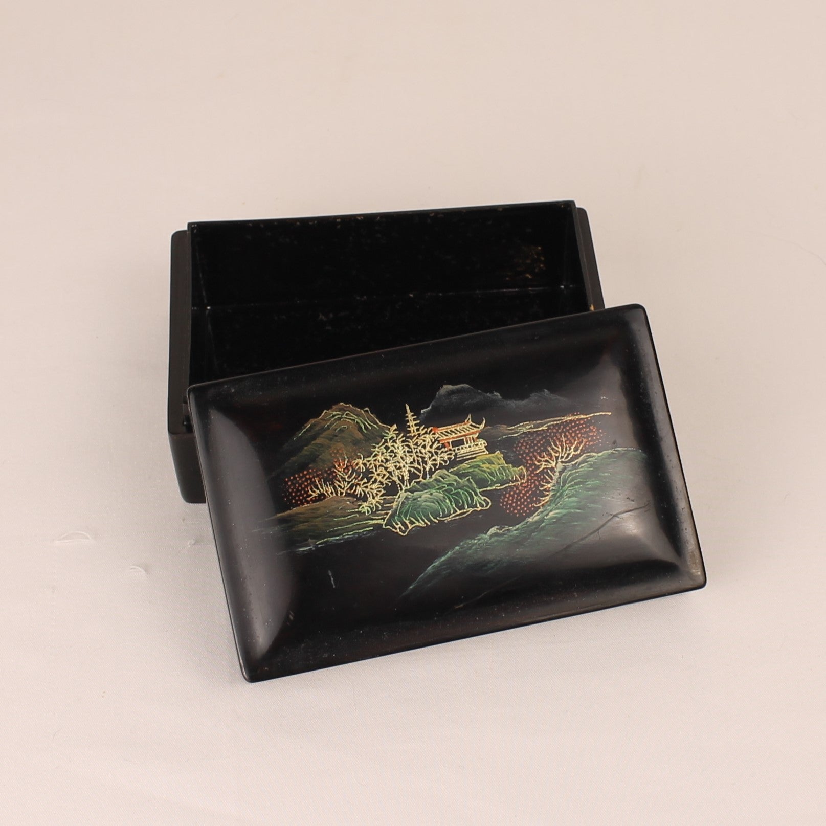 Vintage Oriental Lacquer Box with Pagoda Landscape