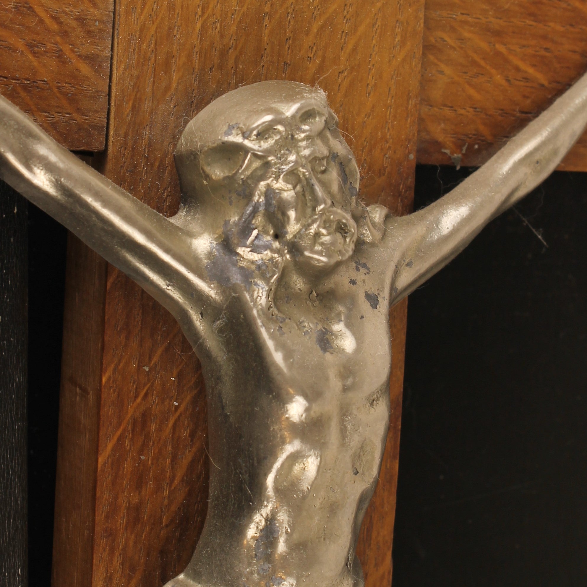Grote Houten Wandcrucifix met Metalen Corpus - ca. 1950