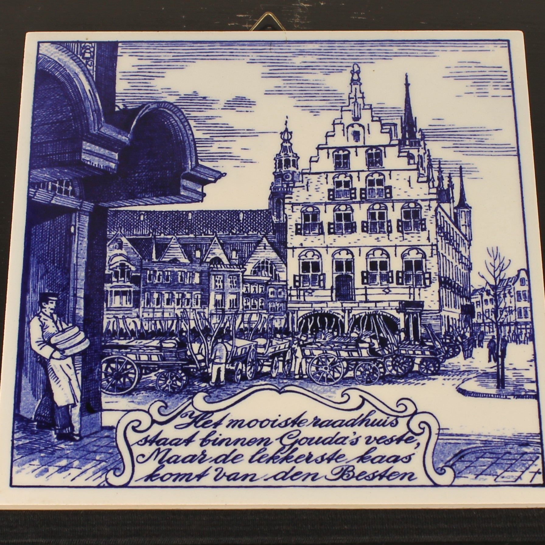 Vintage Gouda Wall Tile – Town Hall & Cheese Market – Delft Blue Style (15x15 cm)
