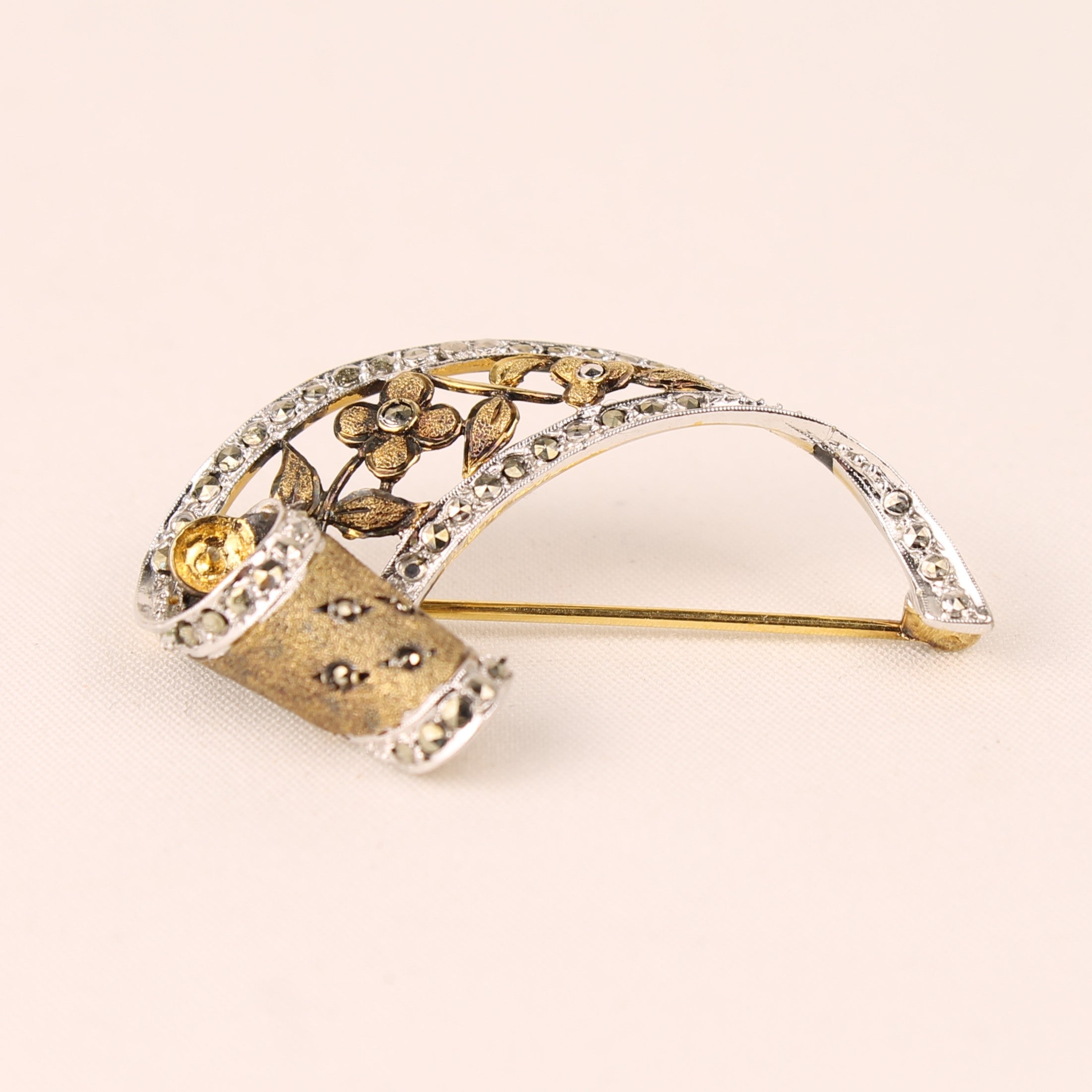 Zilveren (925) Markasiet Broche – Florale Art Deco Stijl – ca. 1930–1950