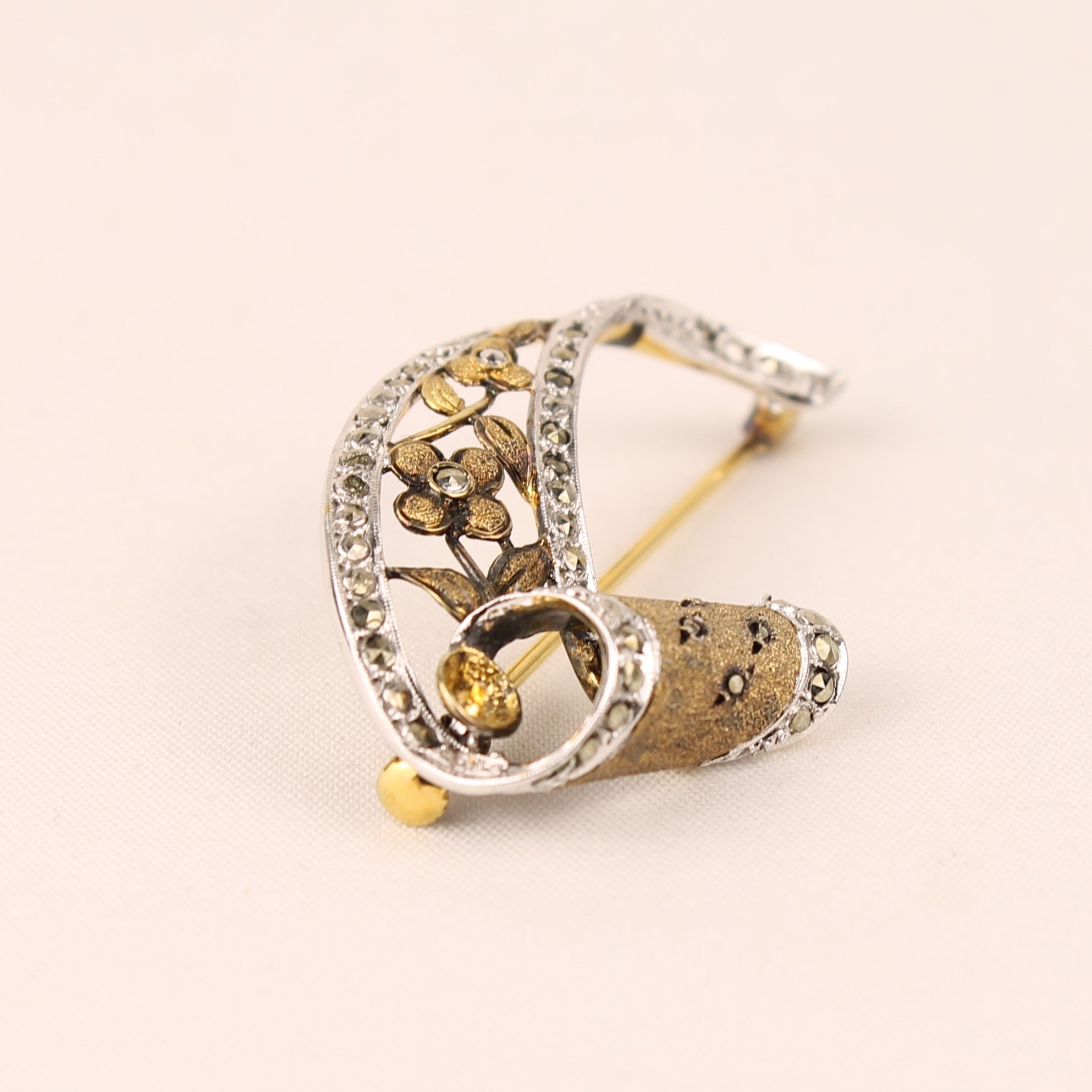 Zilveren (925) Markasiet Broche – Florale Art Deco Stijl – ca. 1930–1950