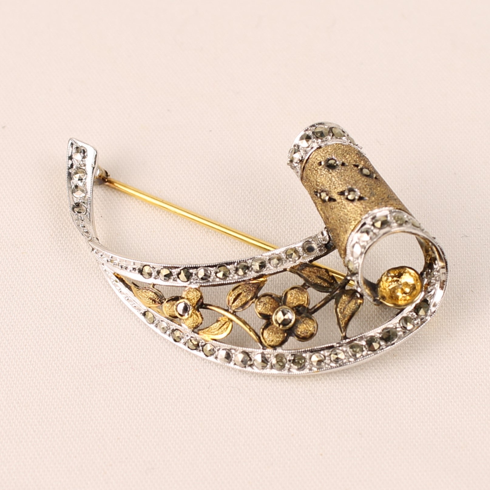 Zilveren (925) Markasiet Broche – Florale Art Deco Stijl – ca. 1930–1950