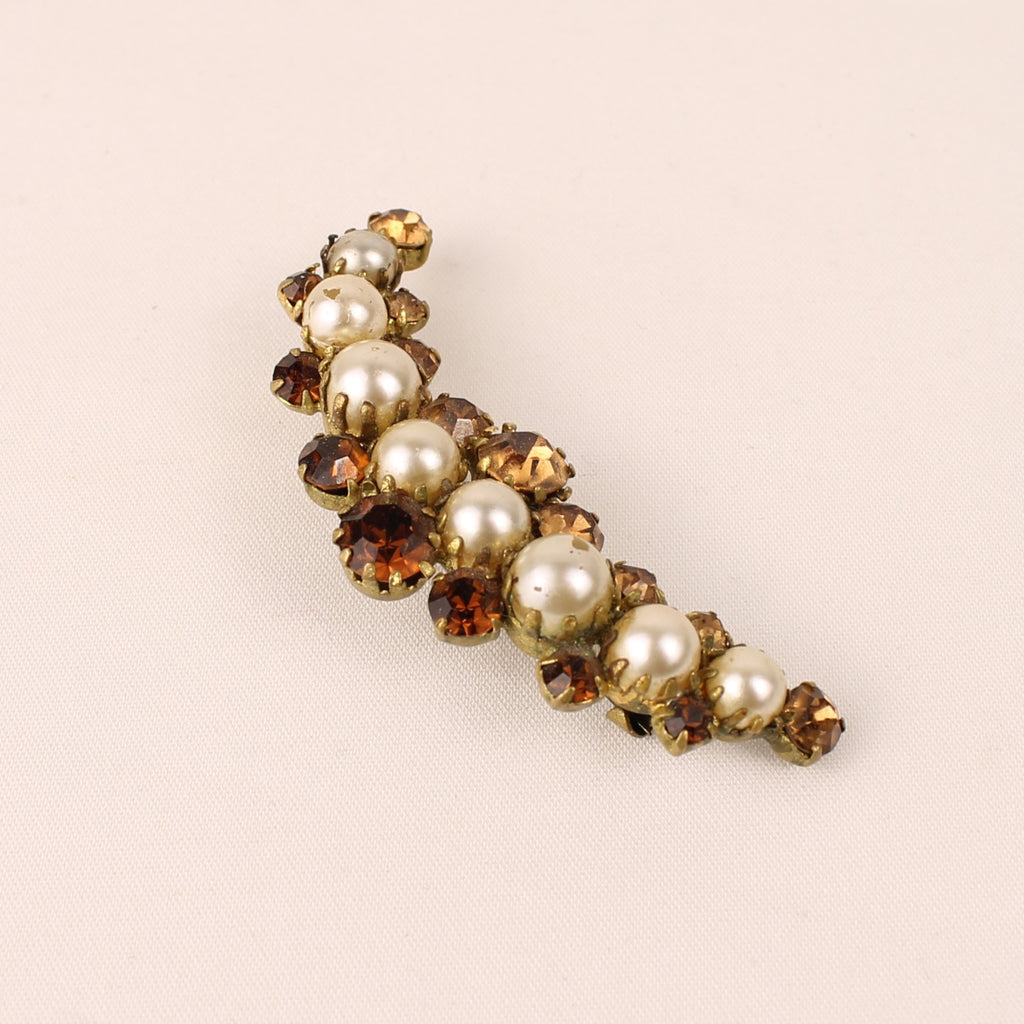 Goudkleurige Broche met Parel en Amber Strass – ca. 1950–1965