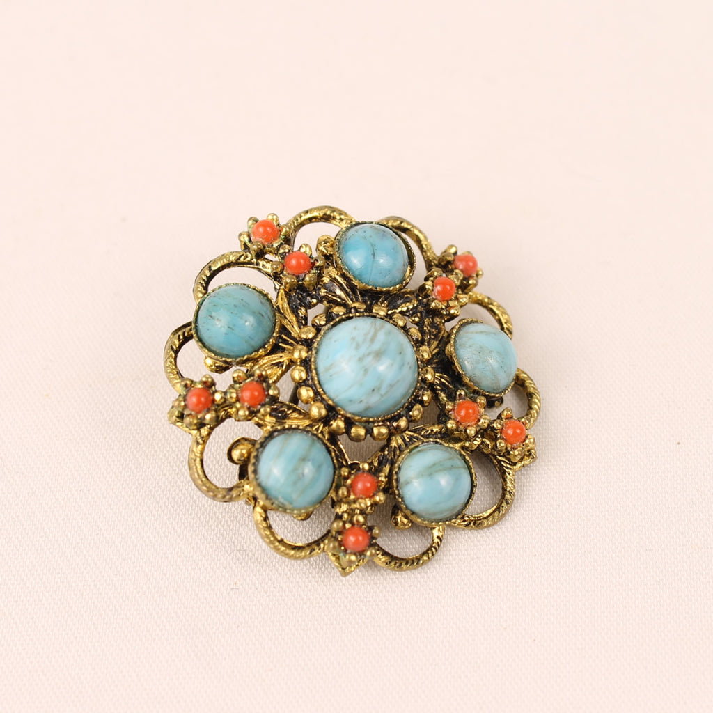 Antique Gilt Trombone Brooch with Turquoise Cabochons – c. 1900–1925