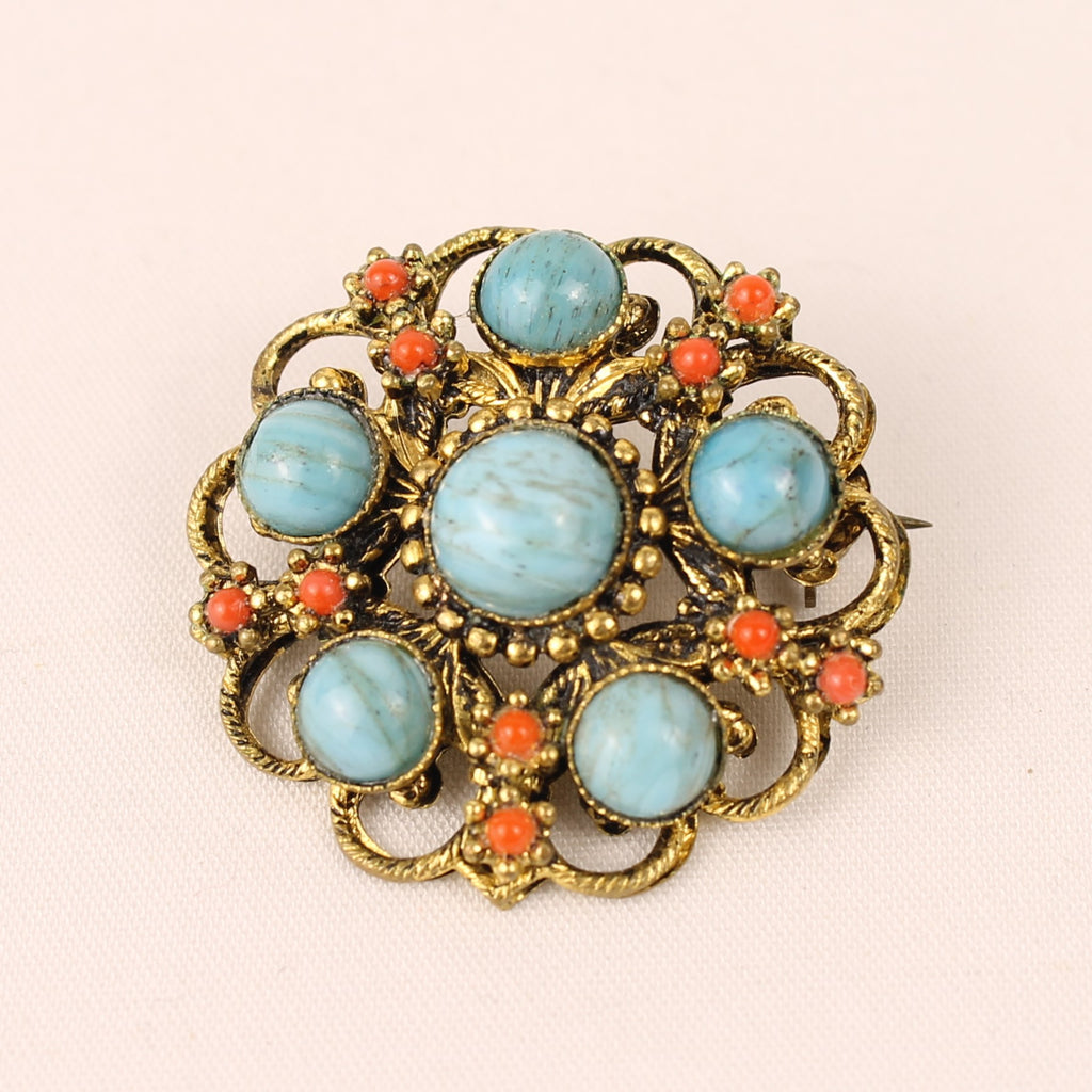 Antique Gilt Trombone Brooch with Turquoise Cabochons – c. 1900–1925