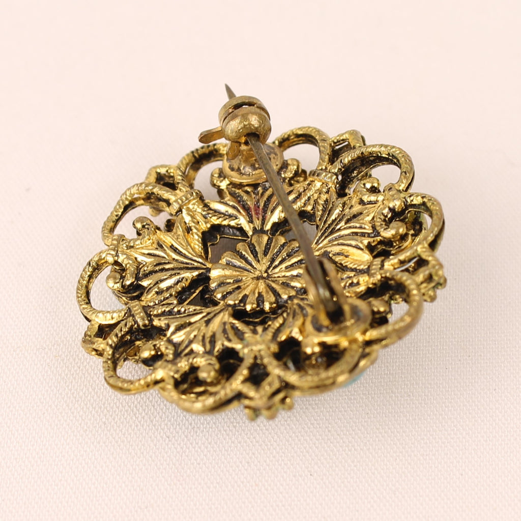 Antique Gilt Trombone Brooch with Turquoise Cabochons – c. 1900–1925