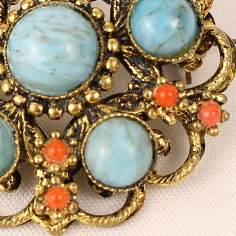 Antique Gilt Trombone Brooch with Turquoise Cabochons – c. 1900–1925