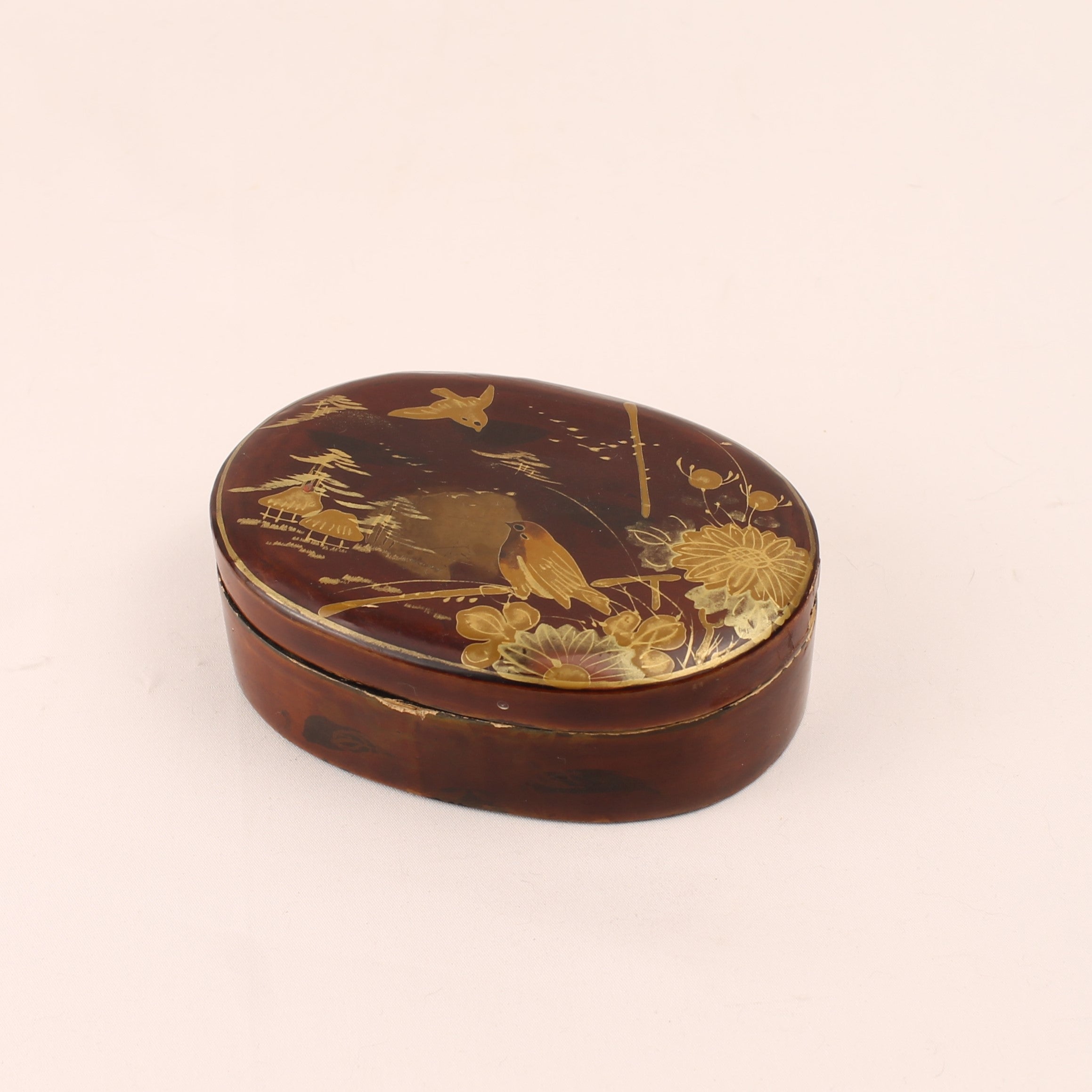Japanese Lacquer Box c. 1900 – Hand-Painted Bird & Landscape – 12 cm