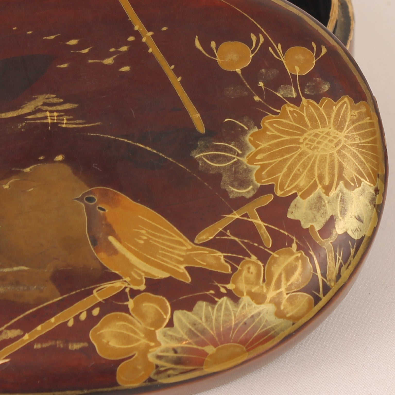 Japanese Lacquer Box c. 1900 – Hand-Painted Bird & Landscape – 12 cm