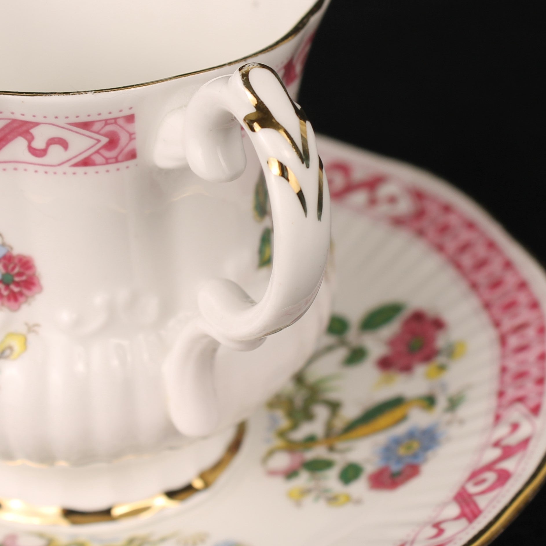 Elizabethan Fine Bone China Cup and Saucer – Exotic Bird with Pink Band and Gilding