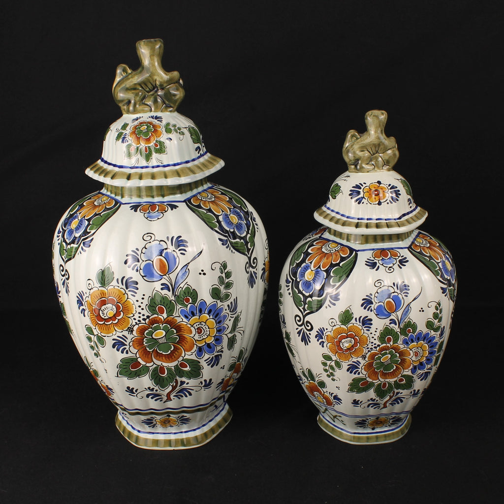 Delft Polychrome Hand-Painted Lidded Vases Set – 33 & 28 cm – Holland