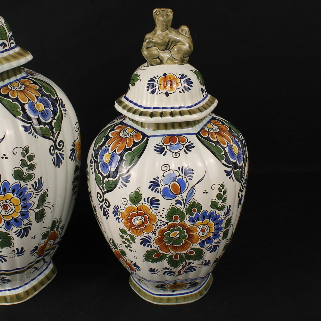 Delft Polychrome Hand-Painted Lidded Vases Set – 33 & 28 cm – Holland