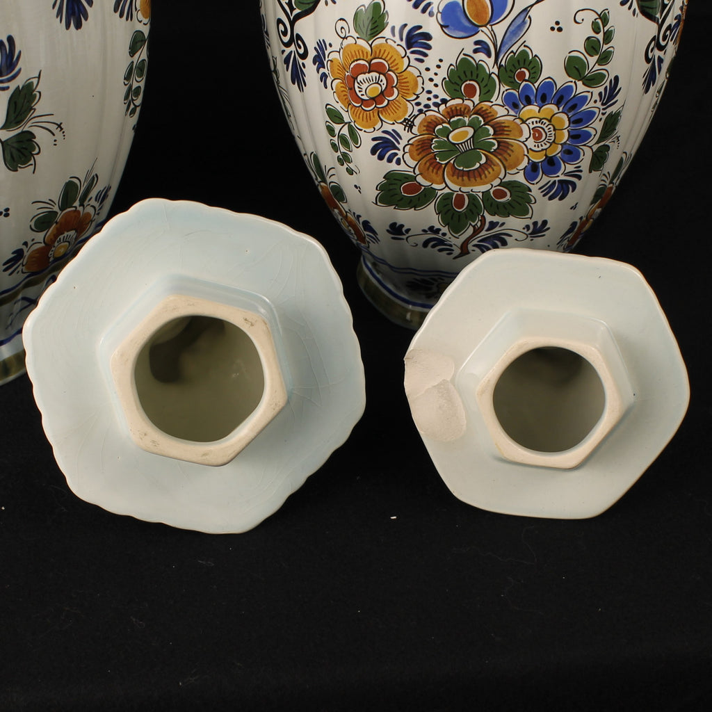 Delft Polychrome Hand-Painted Lidded Vases Set – 33 & 28 cm – Holland