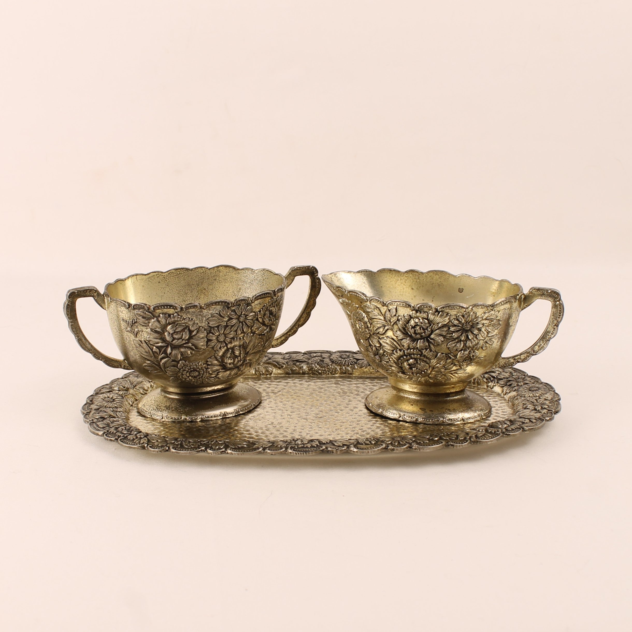 Cream and Sugar Set with Tray – Floral Relief – c. 1960