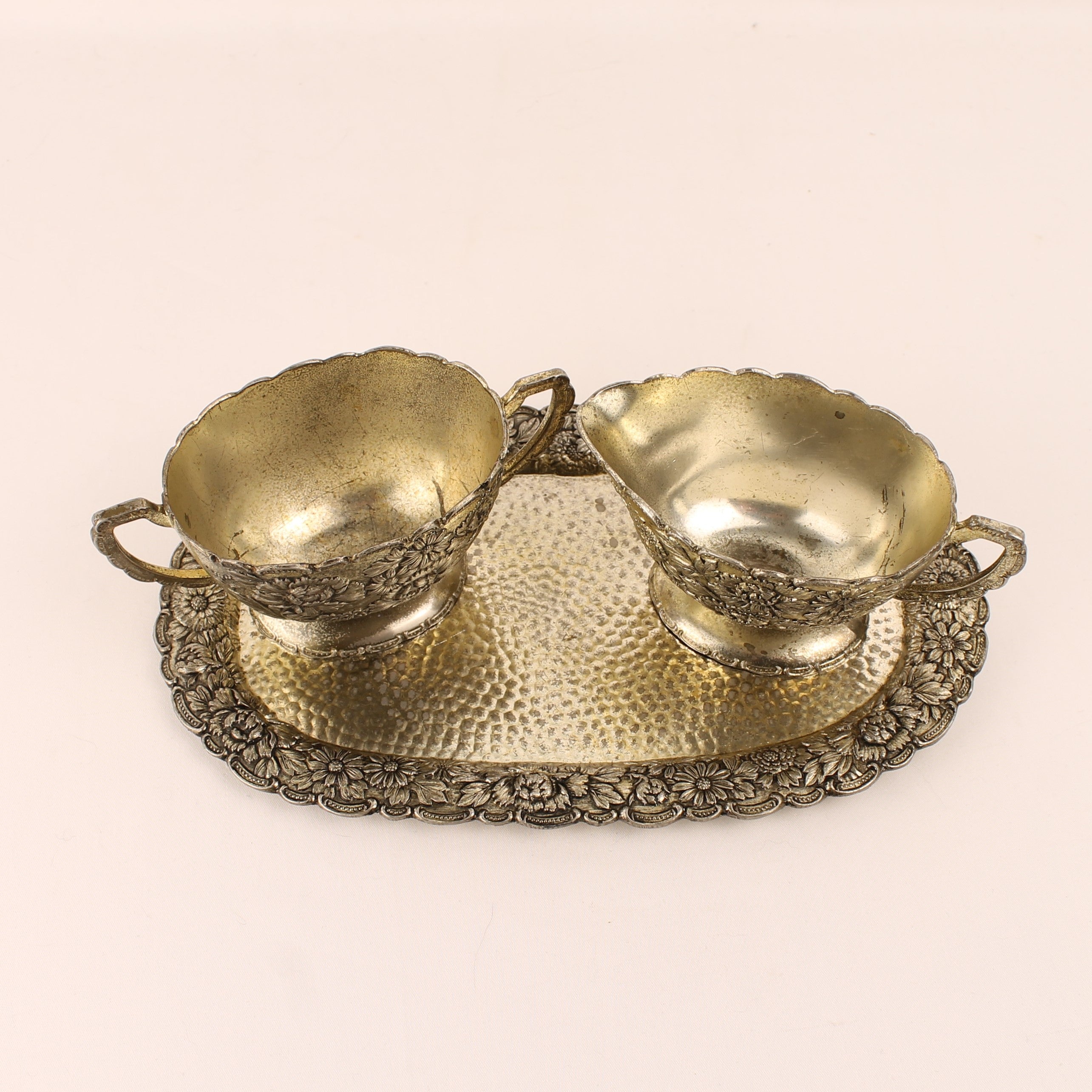 Cream and Sugar Set with Tray – Floral Relief – c. 1960