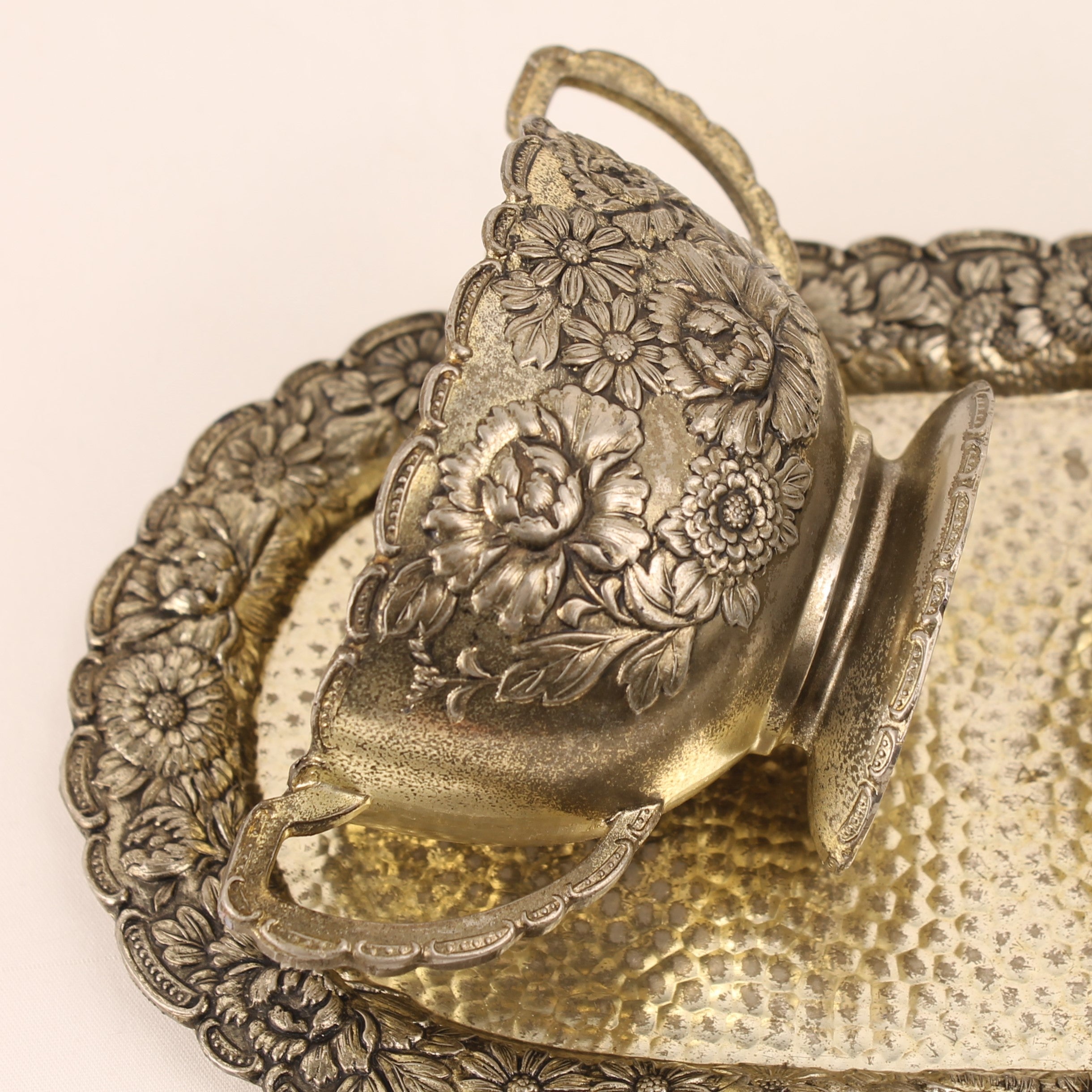 Cream and Sugar Set with Tray – Floral Relief – c. 1960