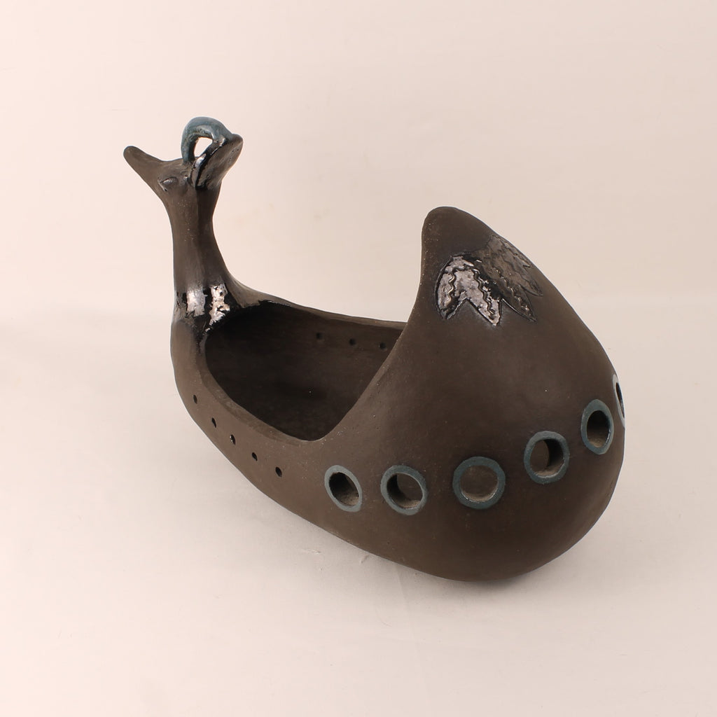 Handgemaakte Atelier Keramiek Sculptuur – Ceremoniële Roeiboot met Vogelkop – Unicum