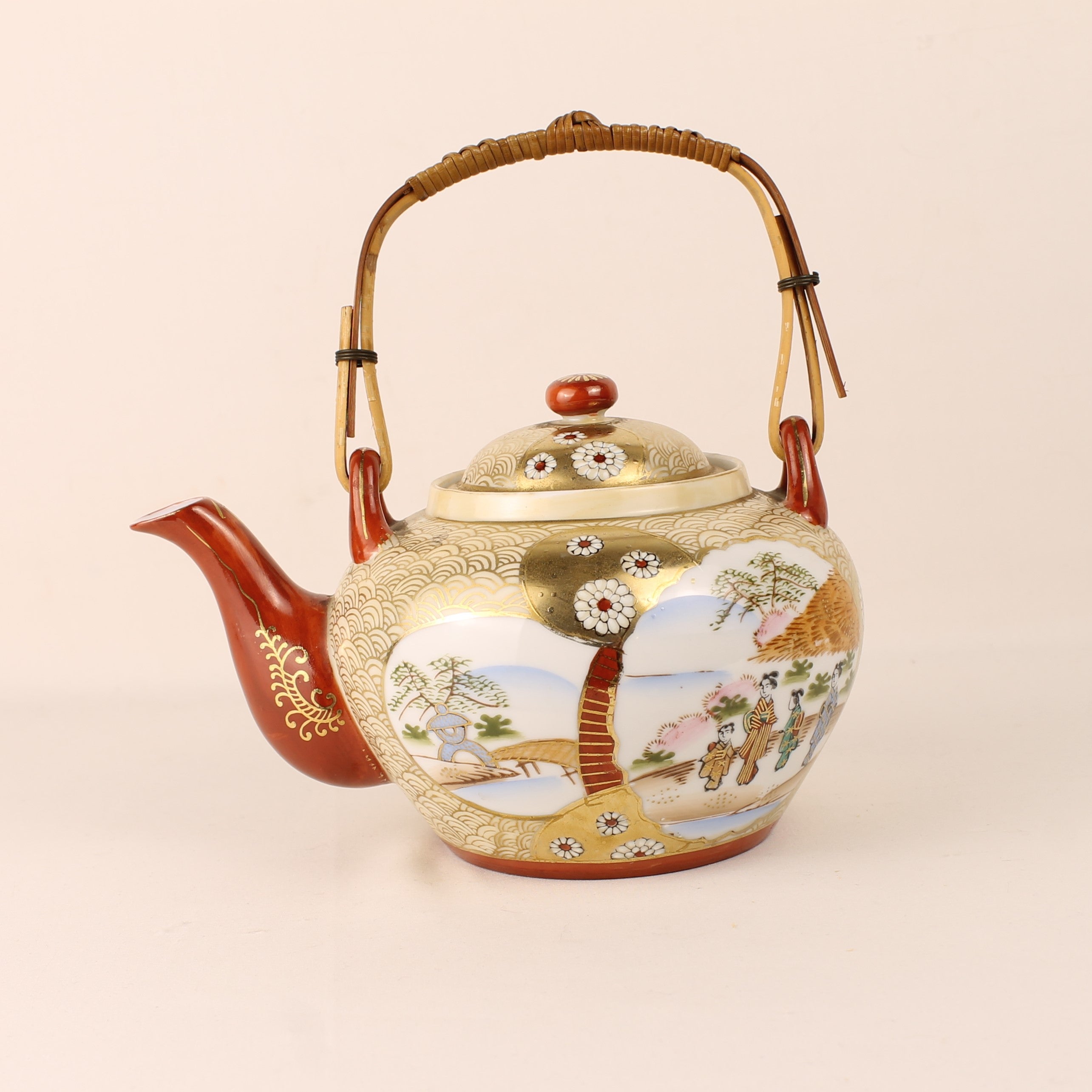 Japanese Satsuma Teapot with Bamboo Handle – Hand-painted & Richly Gilded – 20cm