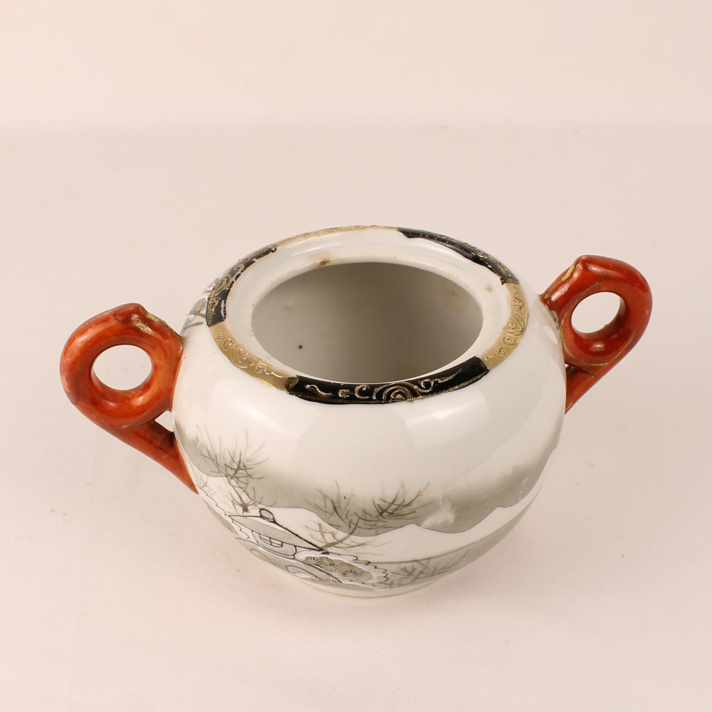 Japanese Satsuma Style Sugar Bowl – Hand-Painted Winter Scene – Gilded & Red Accents