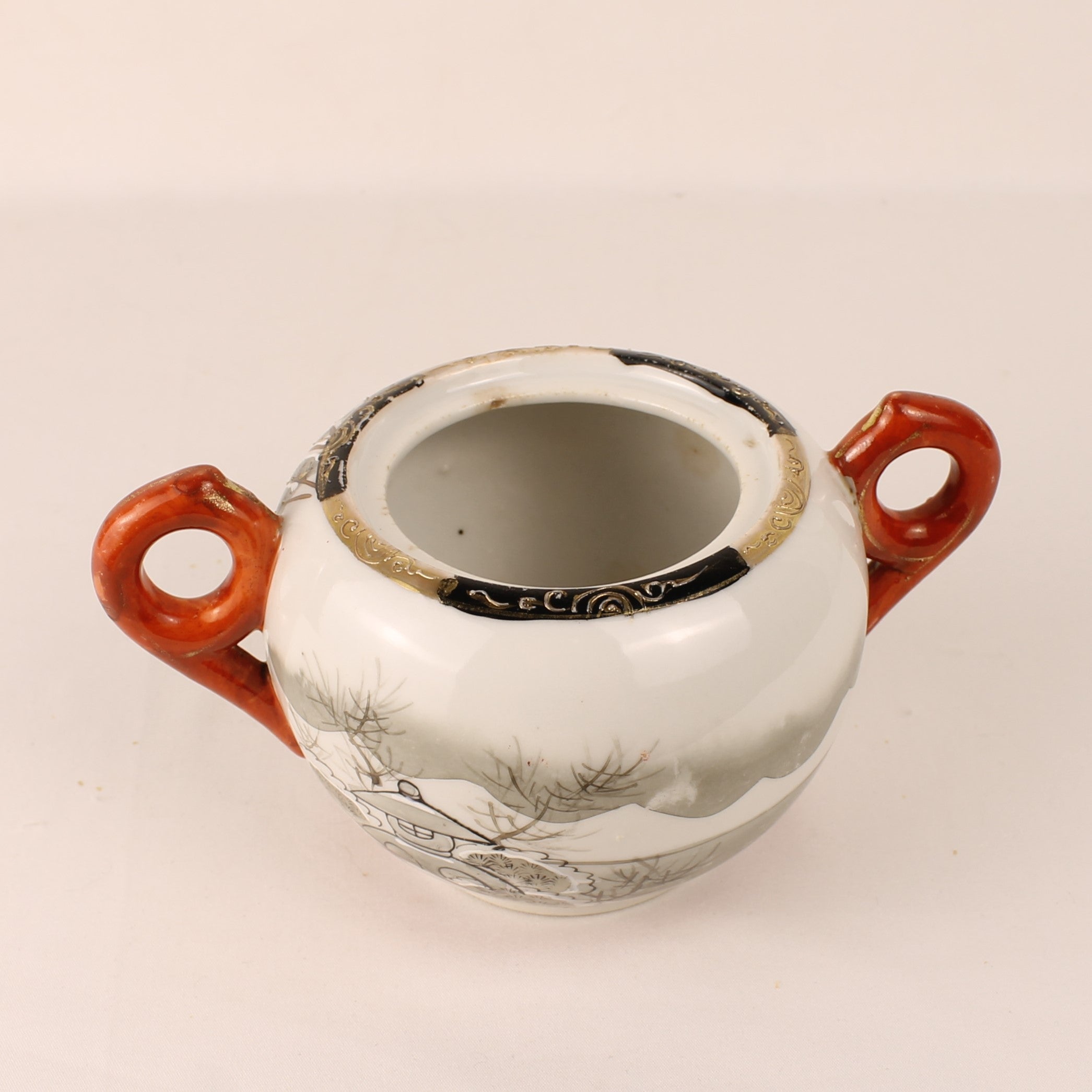 Japanese Satsuma Style Sugar Bowl – Hand-Painted Winter Scene – Gilded & Red Accents