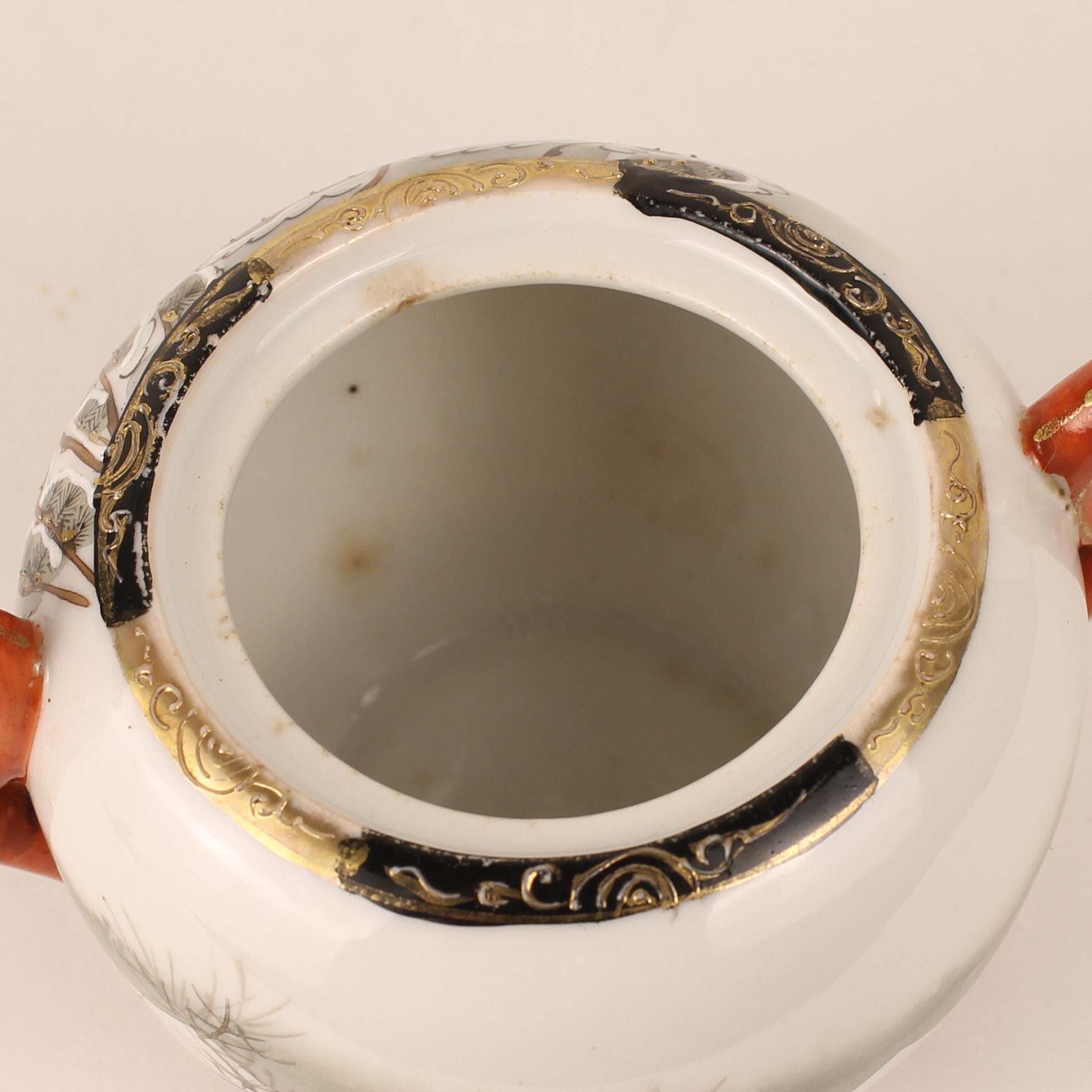 Japanese Satsuma Style Sugar Bowl – Hand-Painted Winter Scene – Gilded & Red Accents