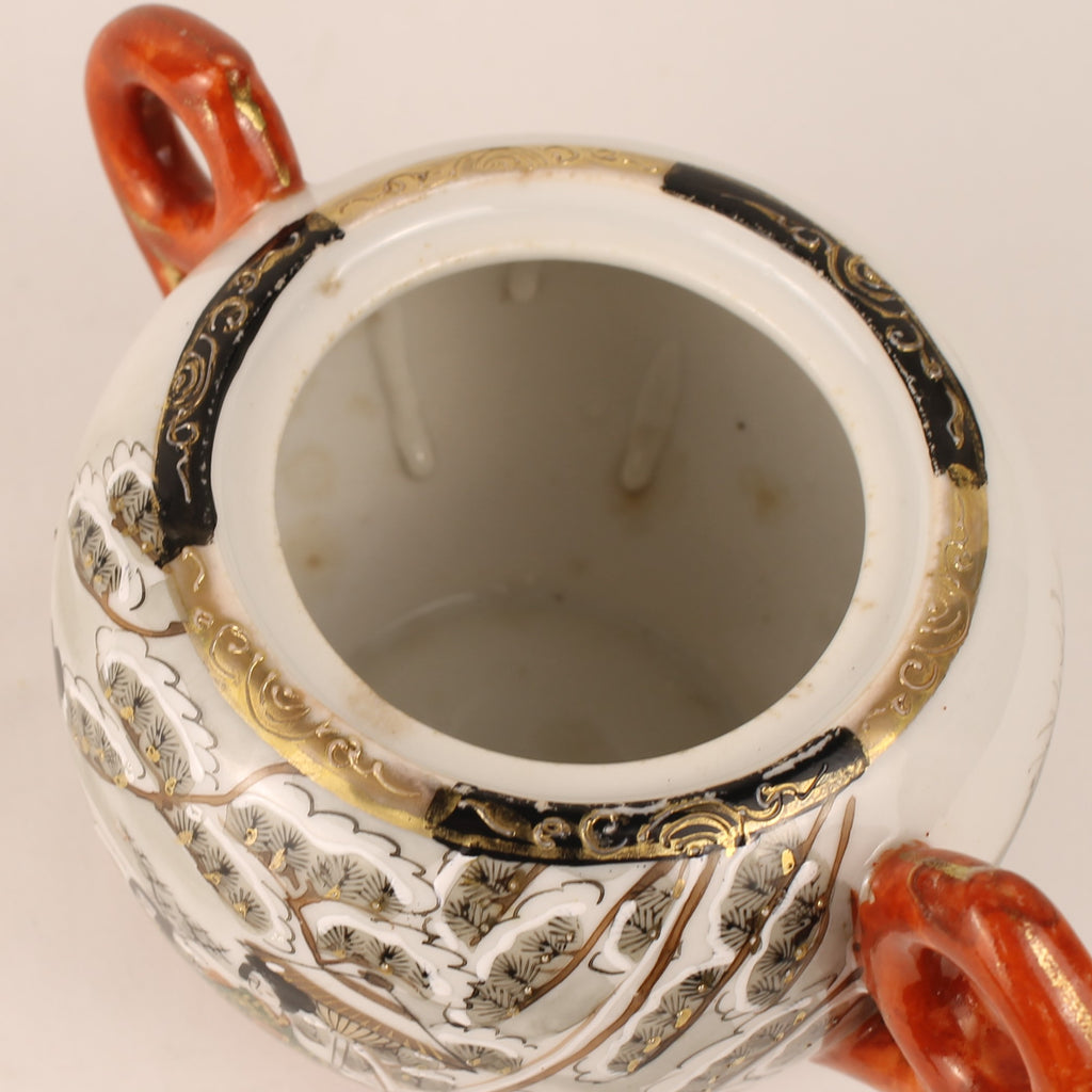 Japanese Satsuma Style Sugar Bowl – Hand-Painted Winter Scene – Gilded & Red Accents