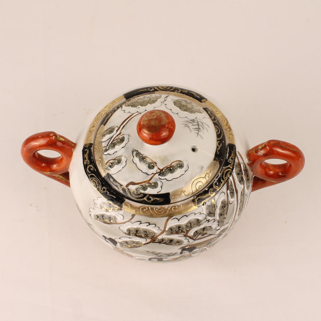 Japanese Satsuma Style Sugar Bowl – Hand-Painted Winter Scene – Gilded & Red Accents