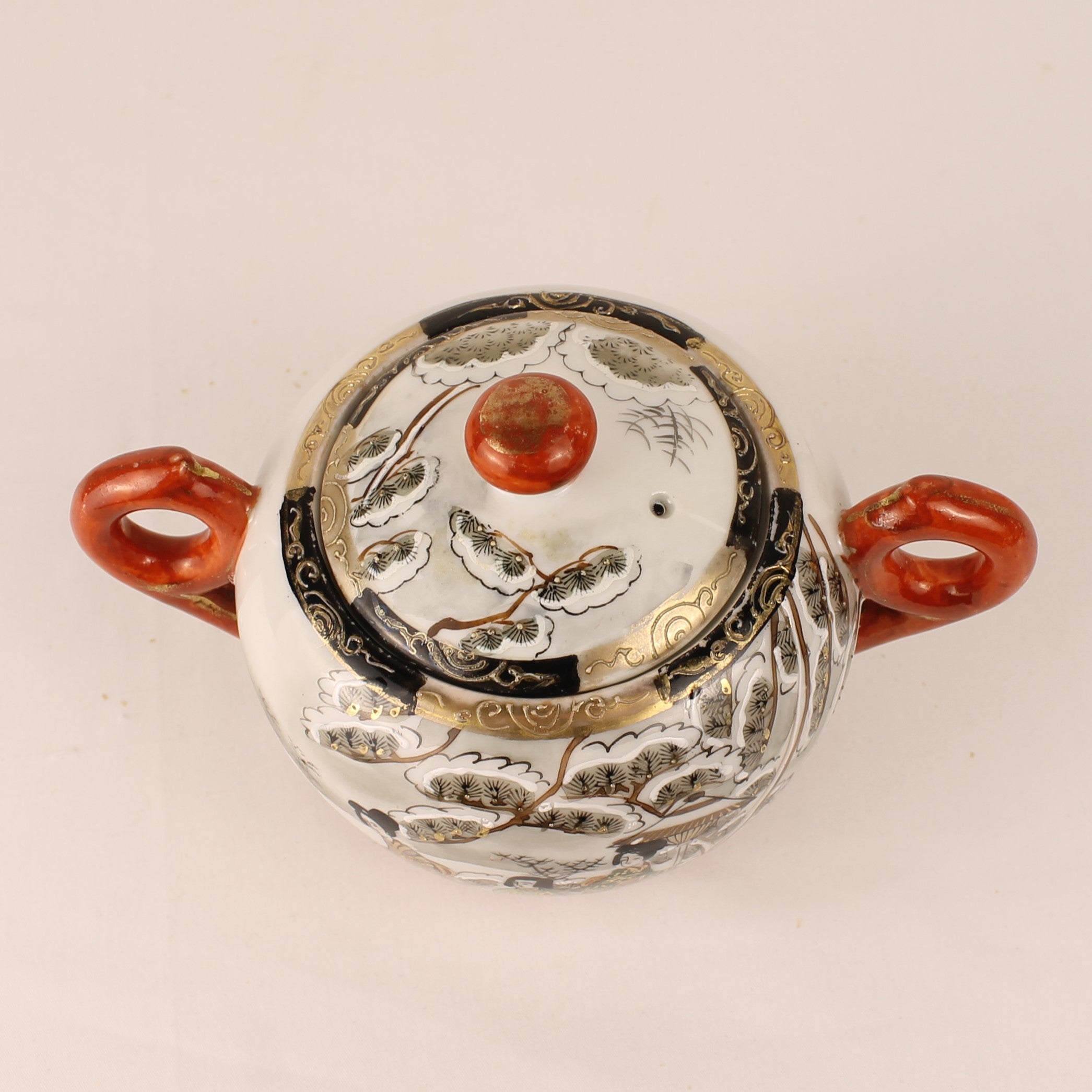 Japanese Satsuma Style Sugar Bowl – Hand-Painted Winter Scene – Gilded & Red Accents